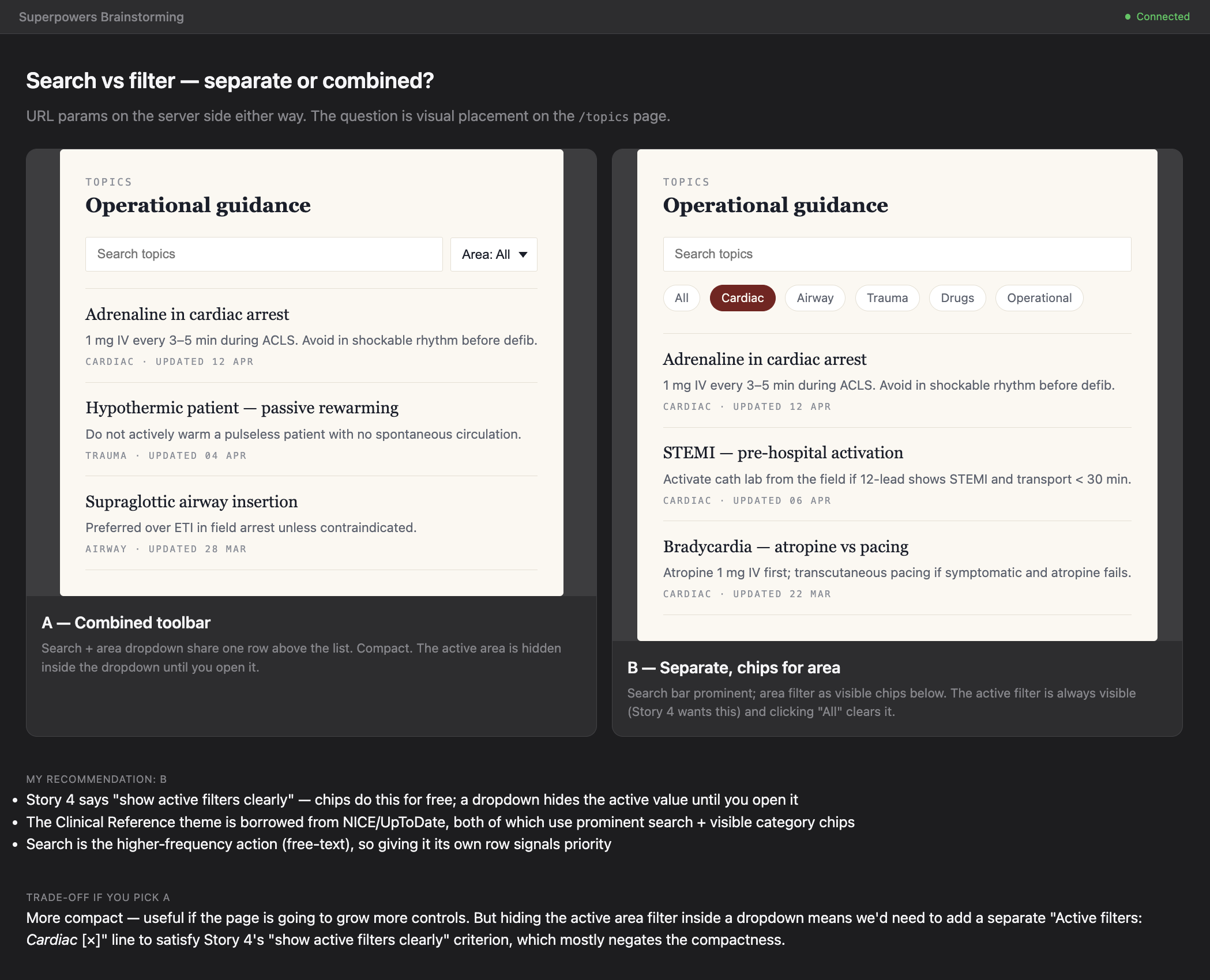 Brainstorming A/B: kombinert toolbar vs separate chips for kategori