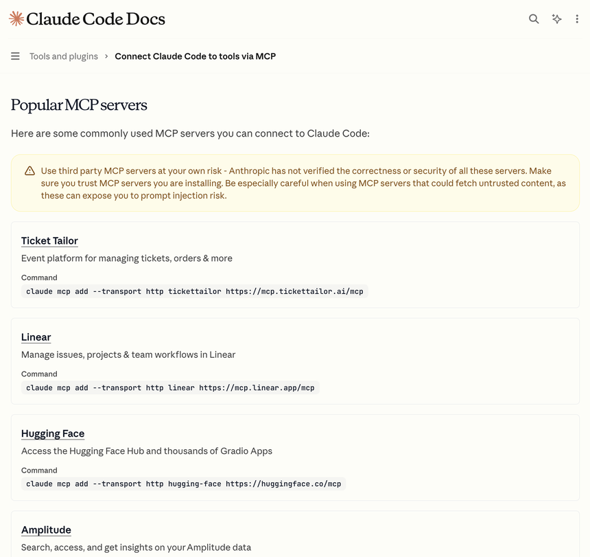 Claude Code Docs &mdash; Popular MCP servers