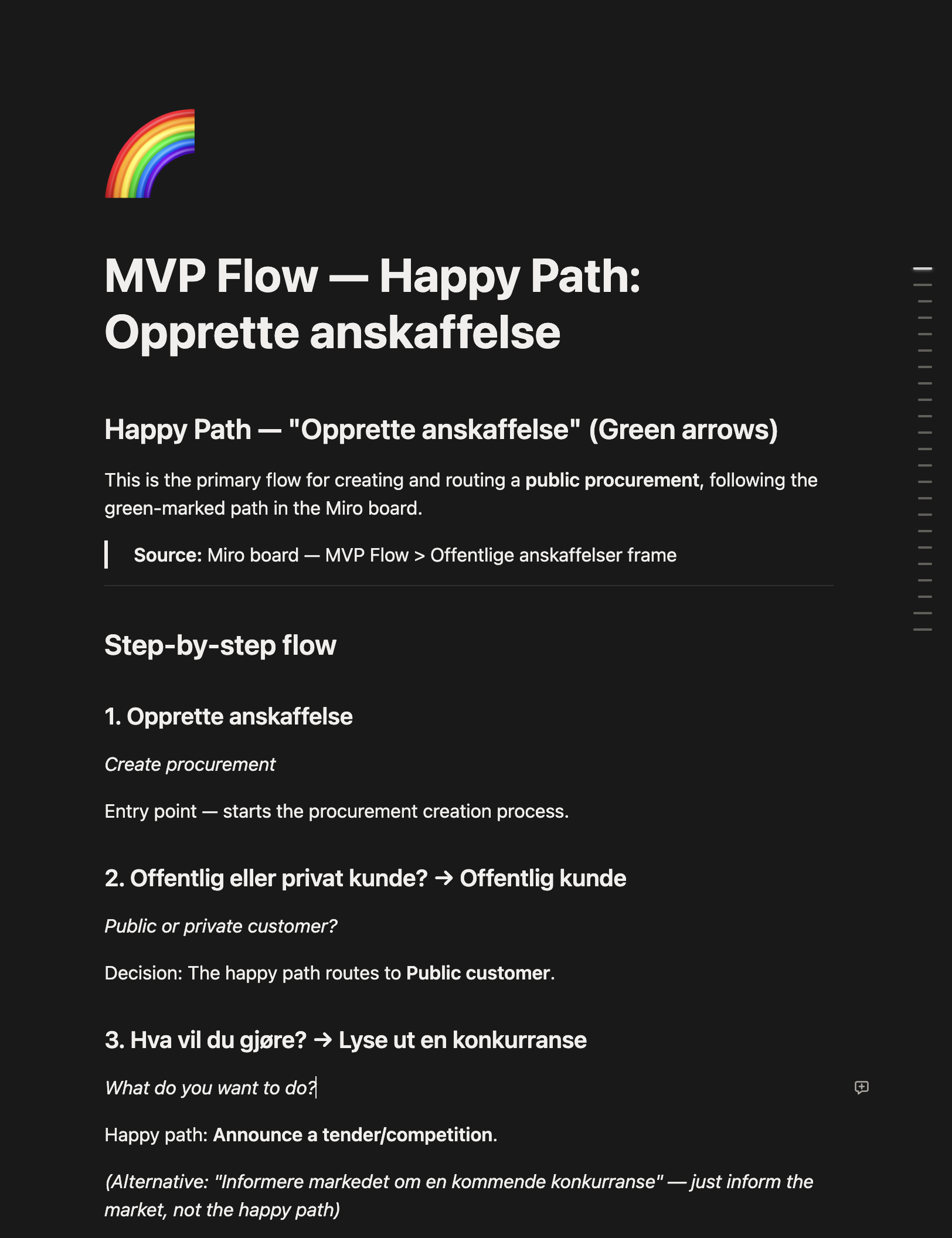 Notion-side: 'MVP Flow &mdash; Happy Path: Opprette anskaffelse', strukturert oppsummering